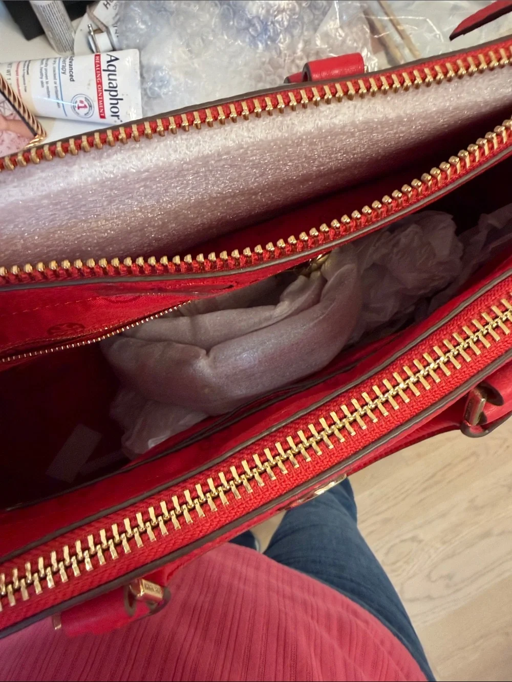 New Tory Burch Red Pebbled Leather Robinson Tote with Top Handles